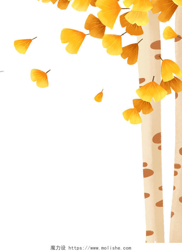 黄色手绘卡通银杏叶树枝树干秋天秋季元素PNG素材